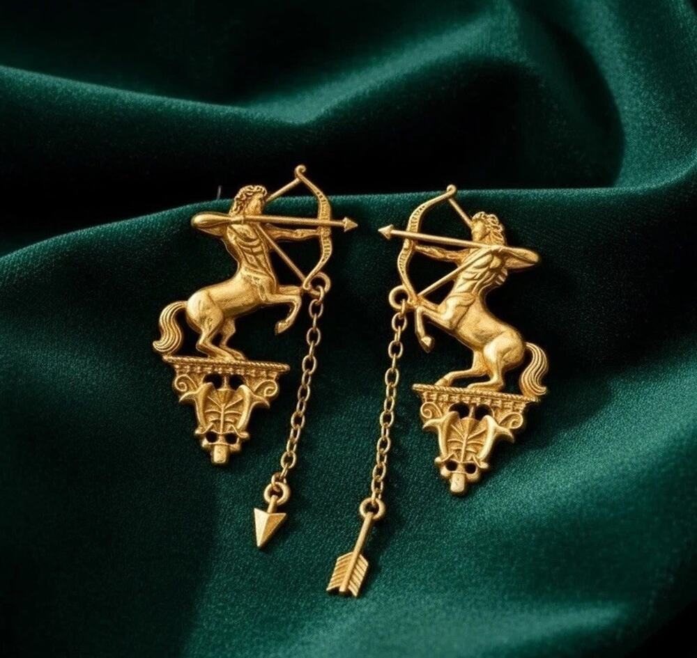 Medieval Earrings Sagittarius Centaur Antique Arch Gold Arrow Museum Chain